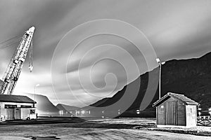 View of the coastline road Fv331 and the Eidselvi River at night in Skjolden, Luster, Norway