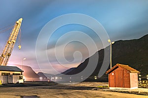 View of the coastline road Fv331 and the Eidselvi River at night in Skjolden, Luster, Norway