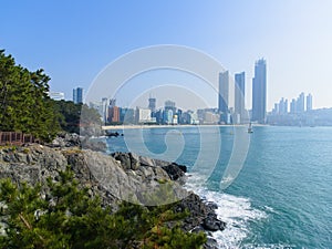 View of the coastline, sea and bridge in Busan South Korea in a sunny day from APEC Naru Park