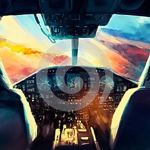 View of the cockpit of an airplane during a flight at sunset. AI generated