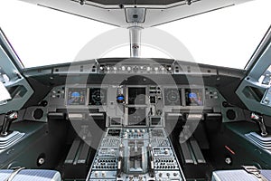 A view of the cockpit of a large commercial airplane a cockpit t