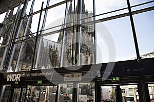 View Cologne Cathedral or Hohe Domkirche St. Petrus und Maria or Kolner Dom from  koln or kolne Central Hauptbahnhof railway