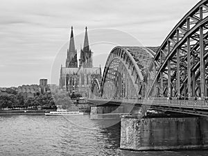 View on Cologne Cathedral and Hohenzollern Bridge over the Rhine river, Germany