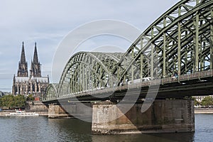 View of Cologne Cathedral Kolner Dom and Rhine river under the Hohenzollern Bridge - Cologne