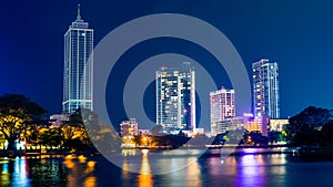 A view of the Colombo city at night near Beira Lake