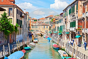 View  of colorful canal in Venice on  sunny  morning, Italy