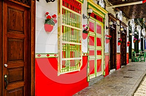 View on colorful Houses In Colonial City Jardin, Antoquia, Colombia, South America photo