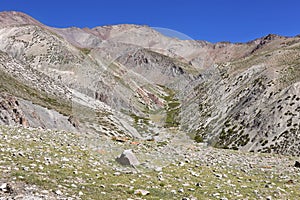 View of colorful mountains from the way to Ganda La Pass, Ladakh, India