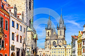 View of colorful Old town and clock tower in Prague