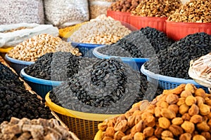 View of colorful raisins and apricot, Uzbekistan