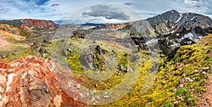View of colorful rhyolite volcanic mountains Landmannalaugar and a hiking backpack and poles in Iceland