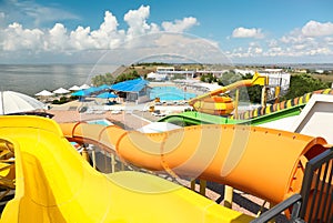 View from colorful slides in water park on day