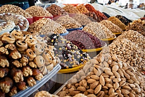 View of colorful sweets and nuts, Uzbekistan