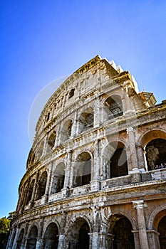 View of the coloseum in Rome from the down up