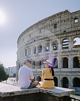 View of Colosseum in Rome and morning sun, Italy, Europe