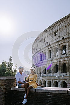 View of Colosseum in Rome and morning sun, Italy, Europe