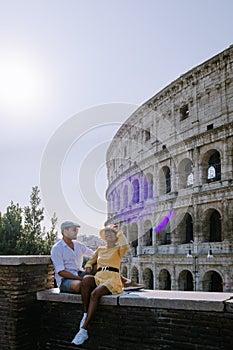 View of Colosseum in Rome and morning sun, Italy, Europe