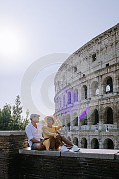 View of Colosseum in Rome and morning sun, Italy, Europe