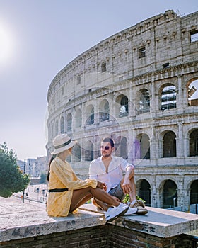 View of Colosseum in Rome and morning sun, Italy, Europe