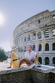 View of Colosseum in Rome and morning sun, Italy, Europe