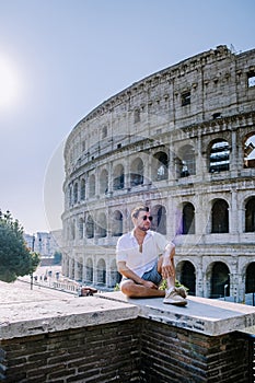 View of Colosseum in Rome and morning sun, Italy, Europe