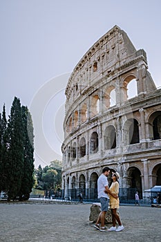 View of Colosseum in Rome and morning sun, Italy, Europe