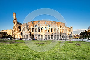 View of Colosseum in Rome and sunset in Italy