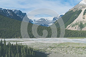 View of the Columbia Icefield glaciers from the Icefields Parkway in Canada