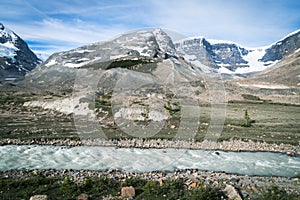 View of the Columbia Icefield glaciers from the Icefields Parkway in Canada