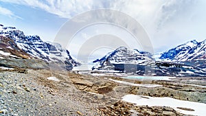 View of the Columbia Icefields in Jasper national Park, Alberta, Canada at spring time. The famous Athabasca Glacier on the left