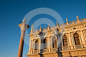 View of the Column of San Todaro located at the Piazzetta di San Marco in Venice, Italy