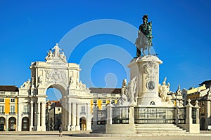 View on the Commerce Plaza or Terreiro do Paco and statue of King Jose I in Lisbon, Portugal. photo