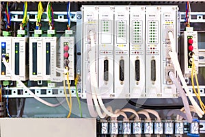 View of communication port module on PLC unit in control box of automation machine