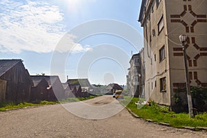 View of the communist blocks and urban decay in the small mining town Berbesti. Romania, Valcea County, Berbesti Alunu 20.06.2019