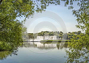 View of the complex of dancing fountains in the park, framed by trees