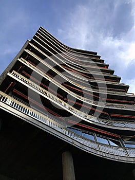 The view on a concave building from under.