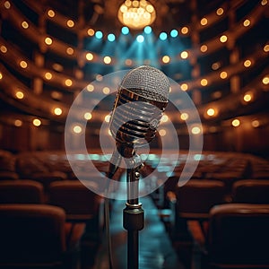 view Concert prep Microphone on theater stage with empty seats, anticipation