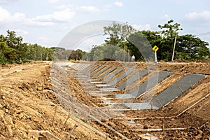View of the concrete wall construction structure which is attached to the soil