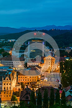 View of Congress square and Star park by Ljubljana university from the Ljubljana castle tower in the dusk just after the