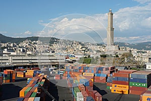 View on container terminal with boxes from different shippers in the Port of Genoa.