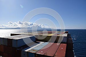 View on the containers loaded on the cargo ship.