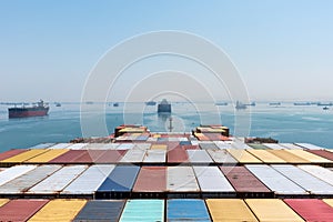 View on the containers loaded on deck of cargo ship.