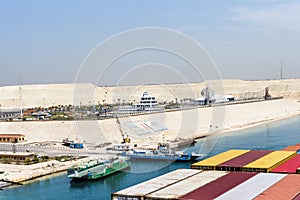 View on the containers loaded on deck of cargo ship.