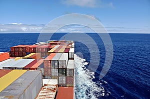 View on the containers loaded on deck of the large cargo ship.