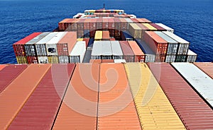 View on the containers loaded on deck of the large cargo ship.