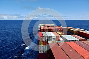 View on the containers loaded on deck of the large cargo ship.