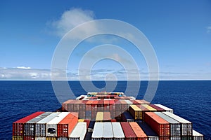 View on the containers loaded on deck of the large cargo ship.