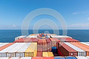 View on the containers loaded on deck of the large cargo ship.