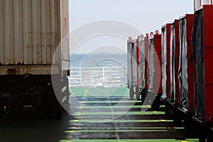 View through containers on a ship at the northern sea island juist germany