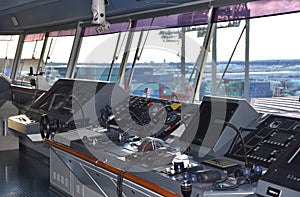 View of the control console on the navigational bridge of the cargo ship.